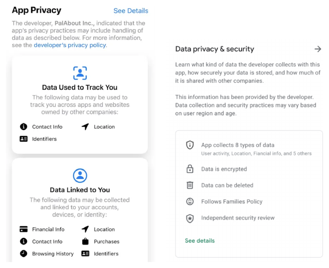 Example privacy nutrition labels: Apple's iOS App Privacy label on the left and Android's tentative Data privacy and security section on the right.