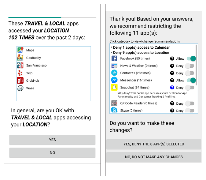 Privacy assistant screens: a question asking whether travel apps may access location, then personalized recommendations to deny specific apps' location and calendar permissions.